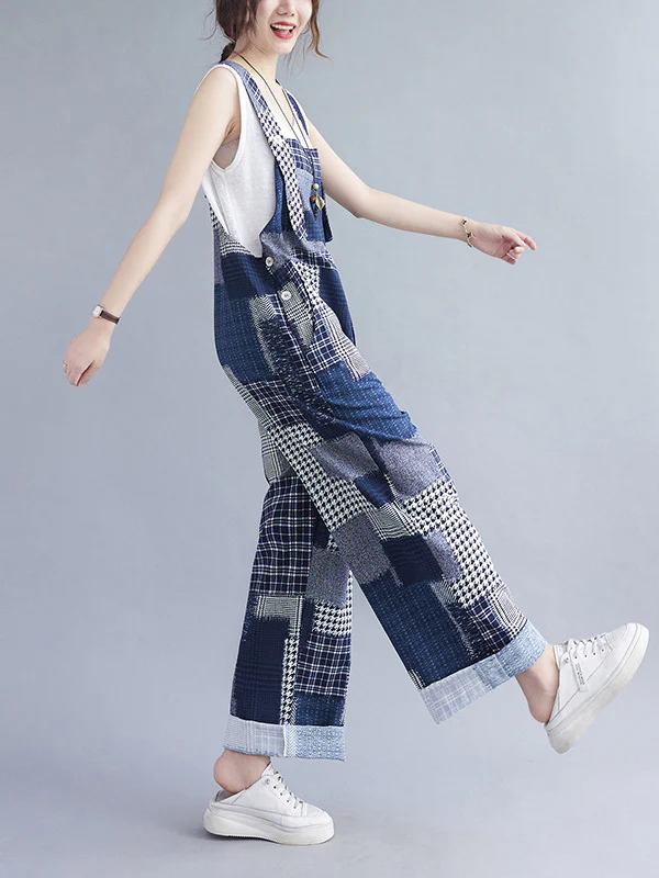 Artistic Retro Plaid Square-Neck Sleeveless Overalls - Image 5