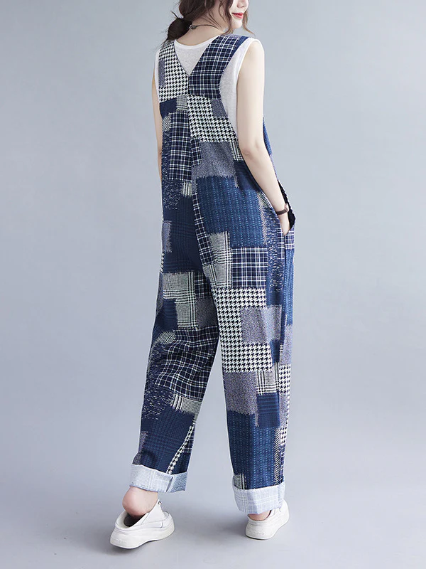 Artistic Retro Plaid Square-Neck Sleeveless Overalls - Image 6