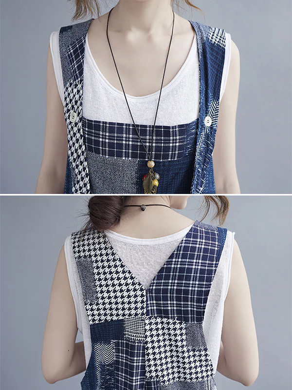 Artistic Retro Plaid Square-Neck Sleeveless Overalls - Image 7