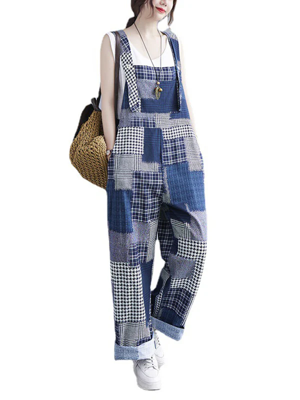 Artistic Retro Plaid Square-Neck Sleeveless Overalls - Image 9