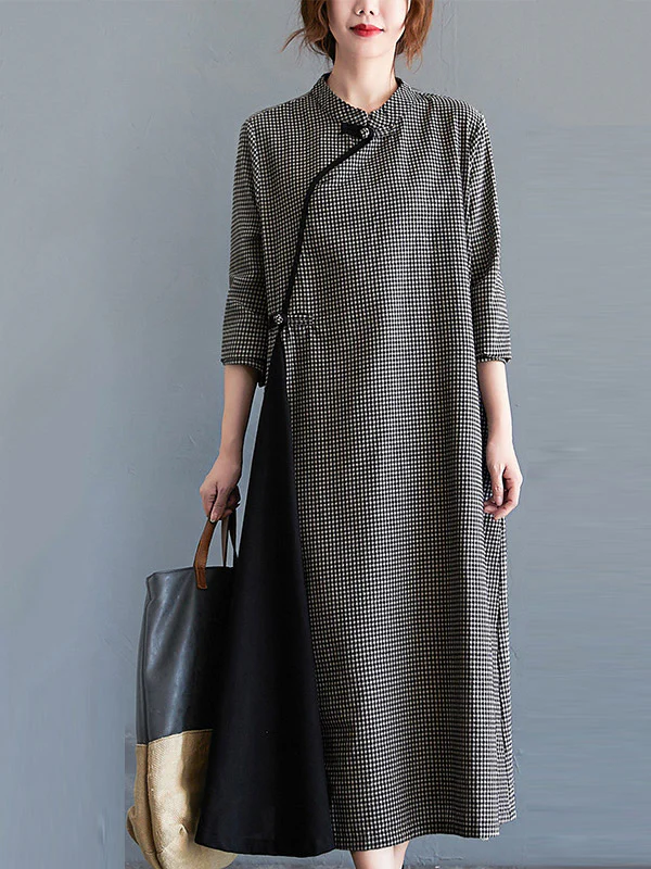 Artistic Retro Plaid Stand Collar Long Cheongsams Dress - Image 2