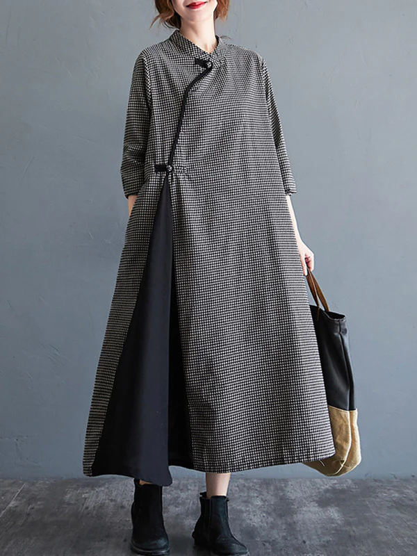 Artistic Retro Plaid Stand Collar Long Cheongsams Dress - Image 3