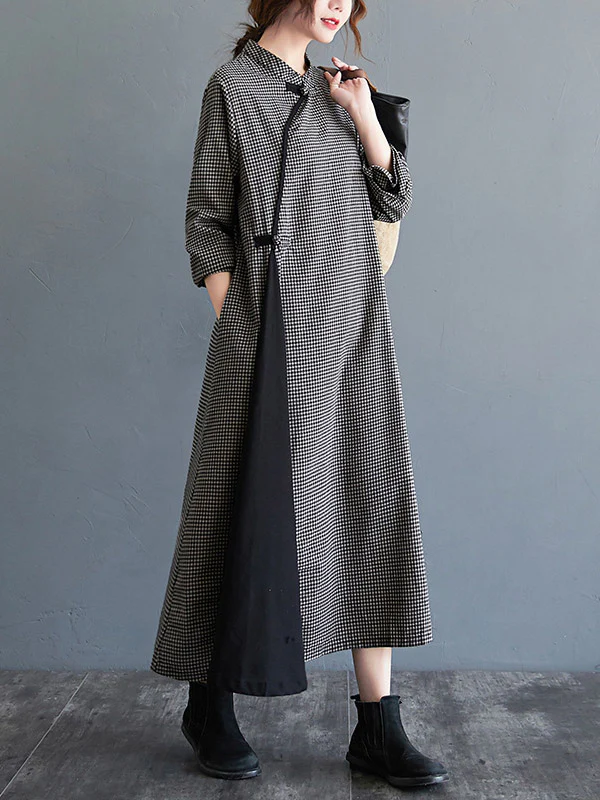 Artistic Retro Plaid Stand Collar Long Cheongsams Dress - Image 4