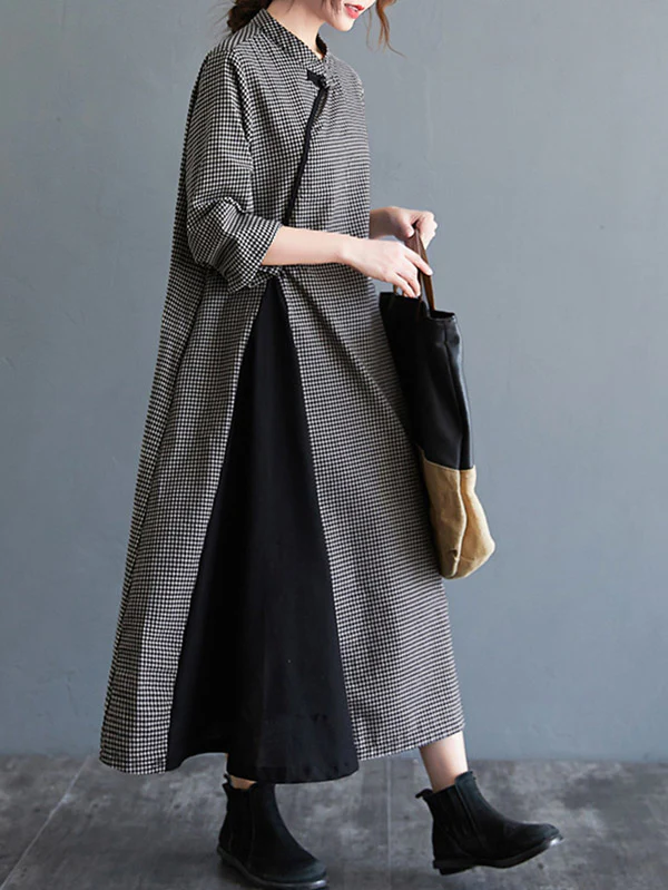 Artistic Retro Plaid Stand Collar Long Cheongsams Dress - Image 5