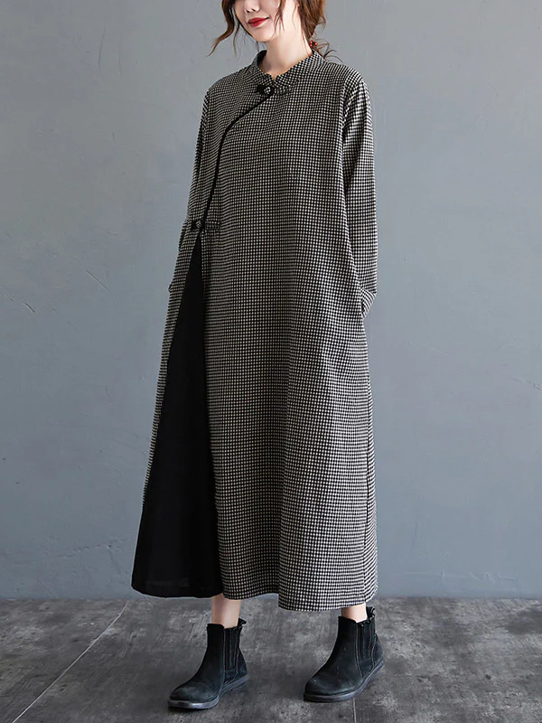 Artistic Retro Plaid Stand Collar Long Cheongsams Dress - Image 6