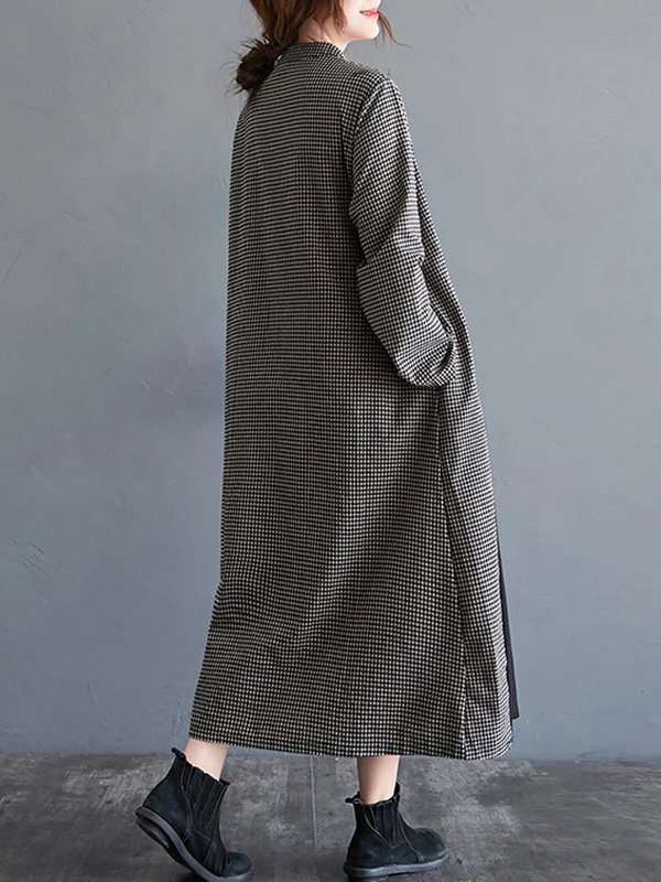 Artistic Retro Plaid Stand Collar Long Cheongsams Dress - Image 7