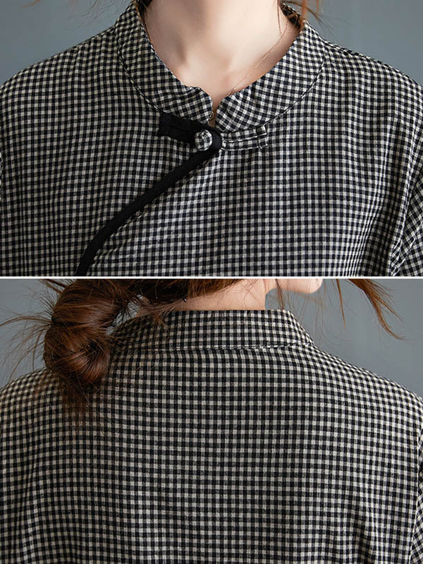 Artistic Retro Plaid Stand Collar Long Cheongsams Dress - Image 9