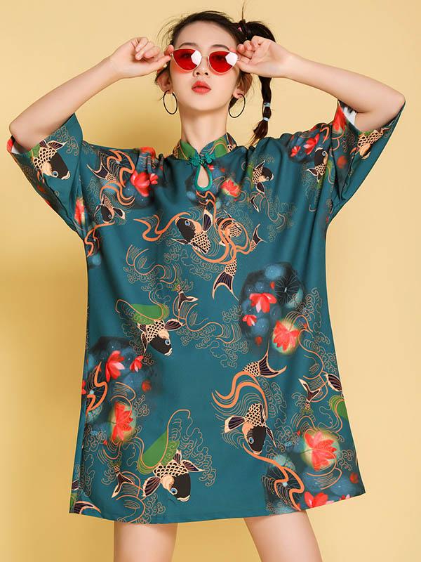Artistic Retro Printed Short Cheongsams - Image 4
