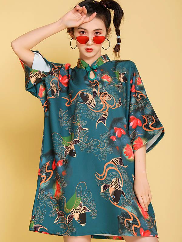 Artistic Retro Printed Short Cheongsams - Image 5