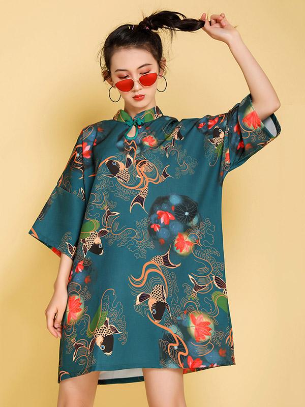 Artistic Retro Printed Short Cheongsams - Image 6