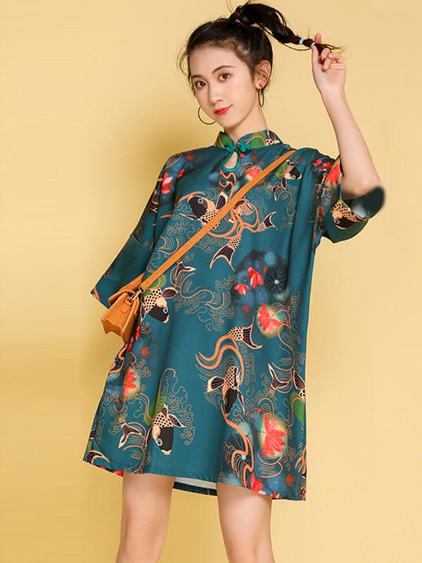 Artistic Retro Printed Short Cheongsams - Image 7