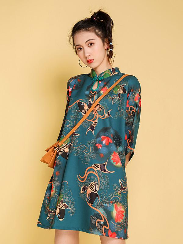Artistic Retro Printed Short Cheongsams - Image 8