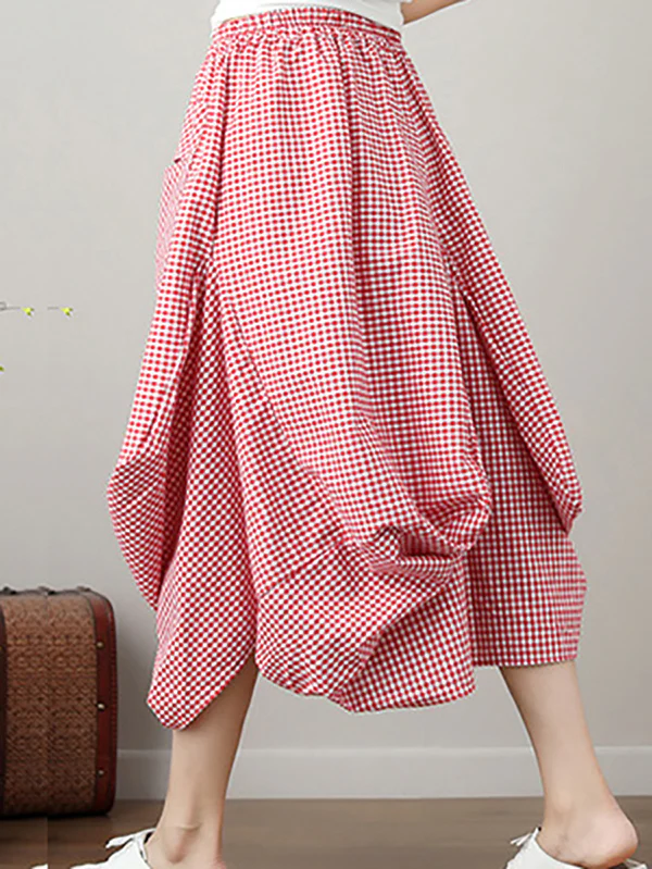 Artistic Retro Ramie Cotton Plaid Loose Irregular Elasticity Skirt - Image 2