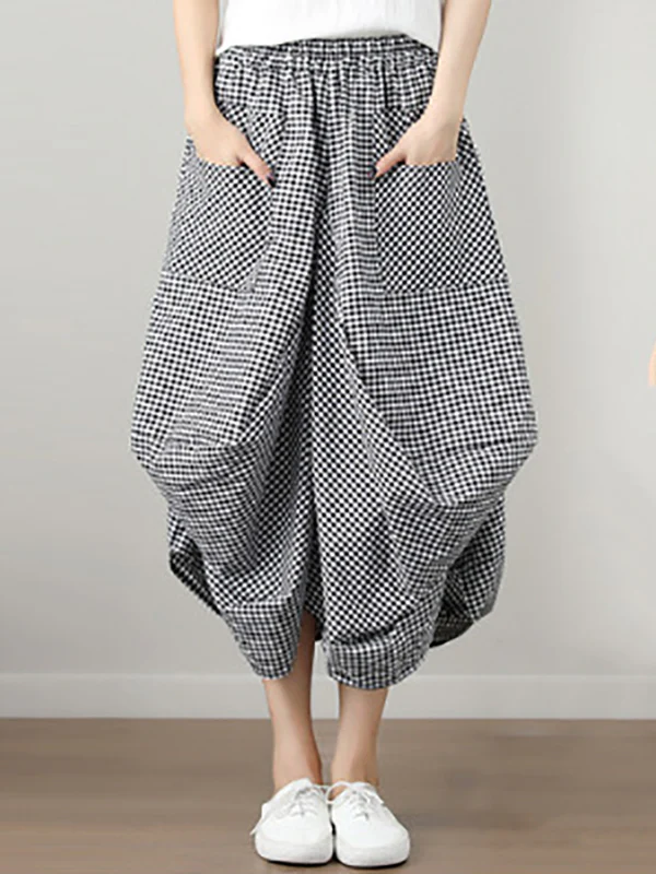 Artistic Retro Ramie Cotton Plaid Loose Irregular Elasticity Skirt - Image 3
