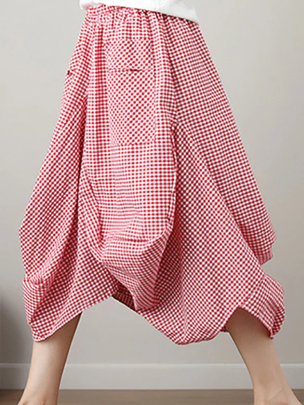 Artistic Retro Ramie Cotton Plaid Loose Irregular Elasticity Skirt - Image 4