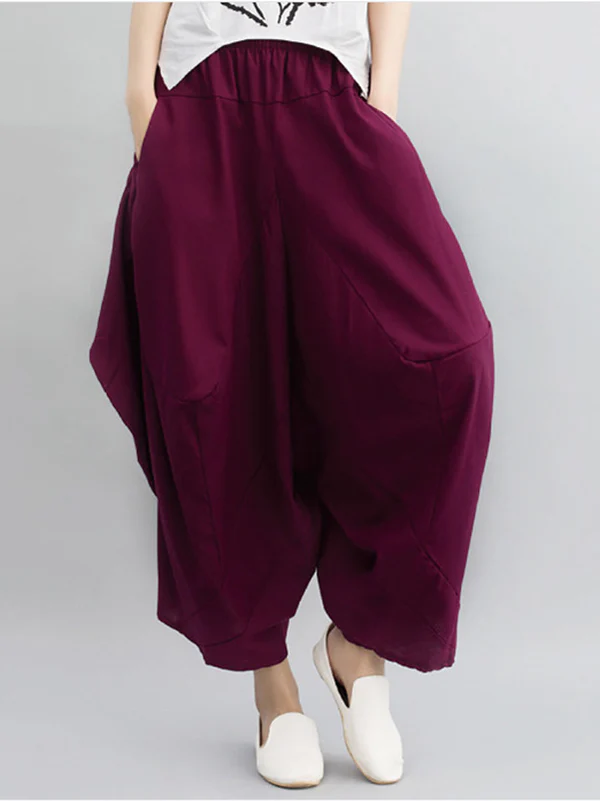 Artistic Retro Ramie Cotton Solid Color Elasticity Harem Pants - Image 3