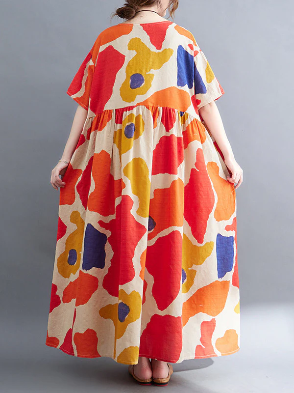 Artistic Retro Short Sleeves Loose Contrast Color Printed Round-Neck Midi Dresses - Image 10