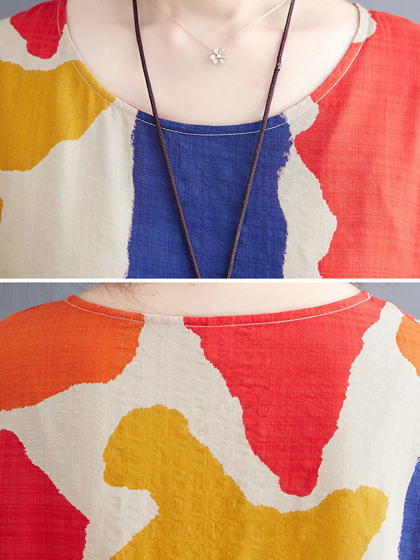 Artistic Retro Short Sleeves Loose Contrast Color Printed Round-Neck Midi Dresses - Image 11