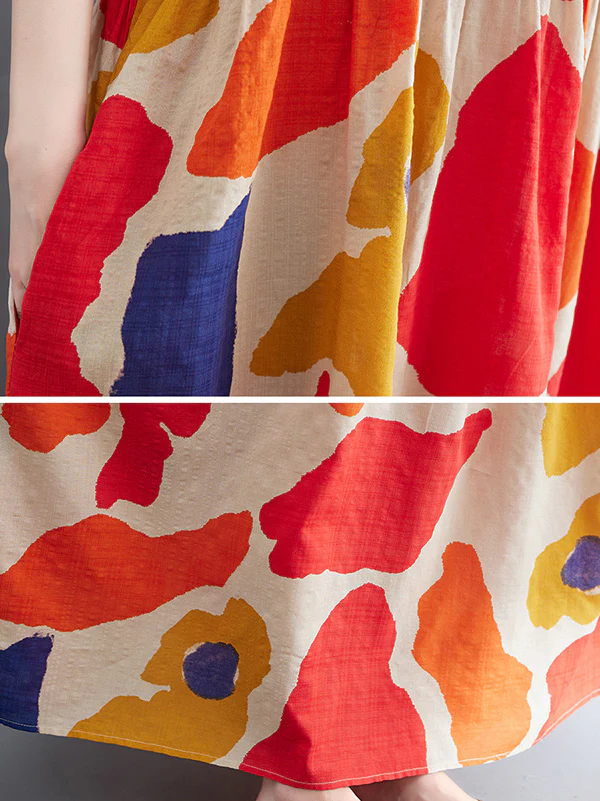 Artistic Retro Short Sleeves Loose Contrast Color Printed Round-Neck Midi Dresses - Image 13