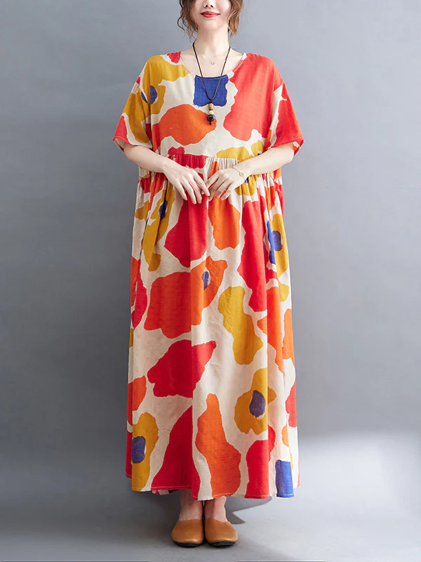 Artistic Retro Short Sleeves Loose Contrast Color Printed Round-Neck Midi Dresses - Image 2