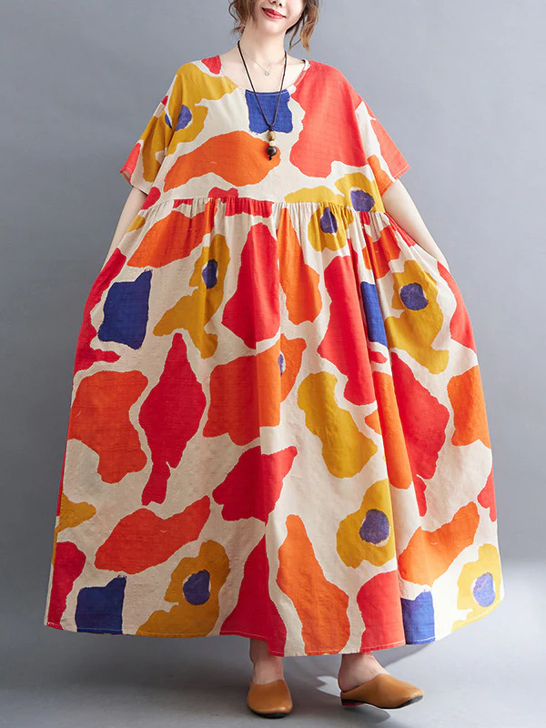 Artistic Retro Short Sleeves Loose Contrast Color Printed Round-Neck Midi Dresses - Image 3