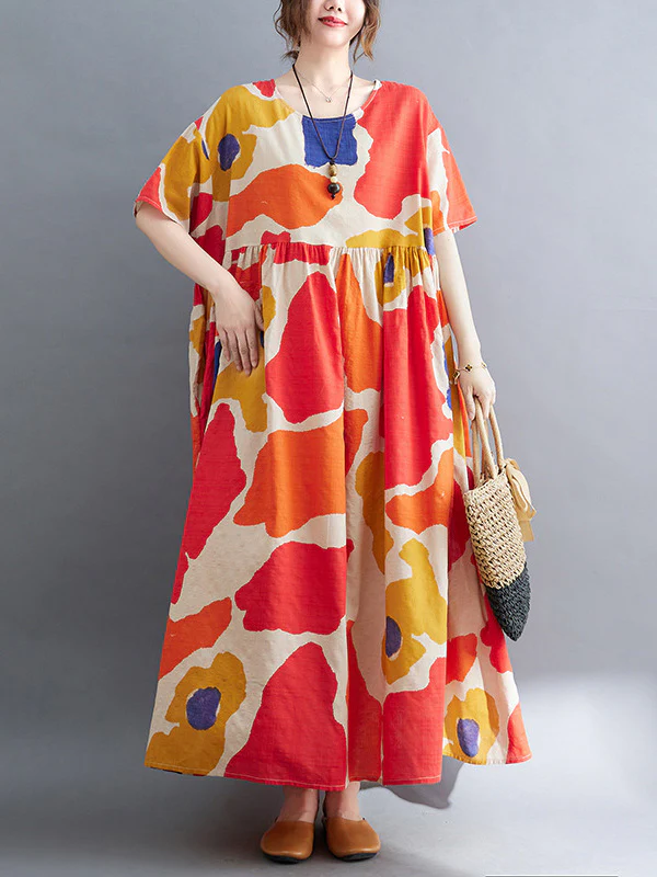 Artistic Retro Short Sleeves Loose Contrast Color Printed Round-Neck Midi Dresses - Image 4