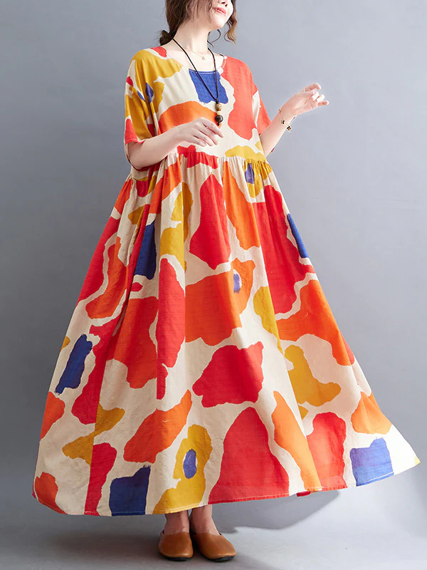 Artistic Retro Short Sleeves Loose Contrast Color Printed Round-Neck Midi Dresses - Image 5