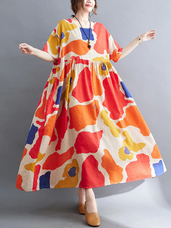 Artistic Retro Short Sleeves Loose Contrast Color Printed Round-Neck Midi Dresses - Image 6