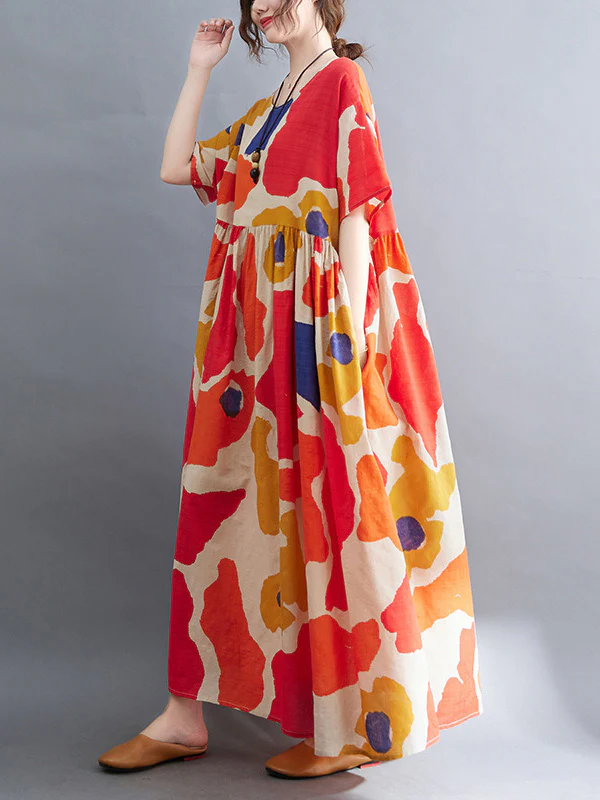Artistic Retro Short Sleeves Loose Contrast Color Printed Round-Neck Midi Dresses - Image 7
