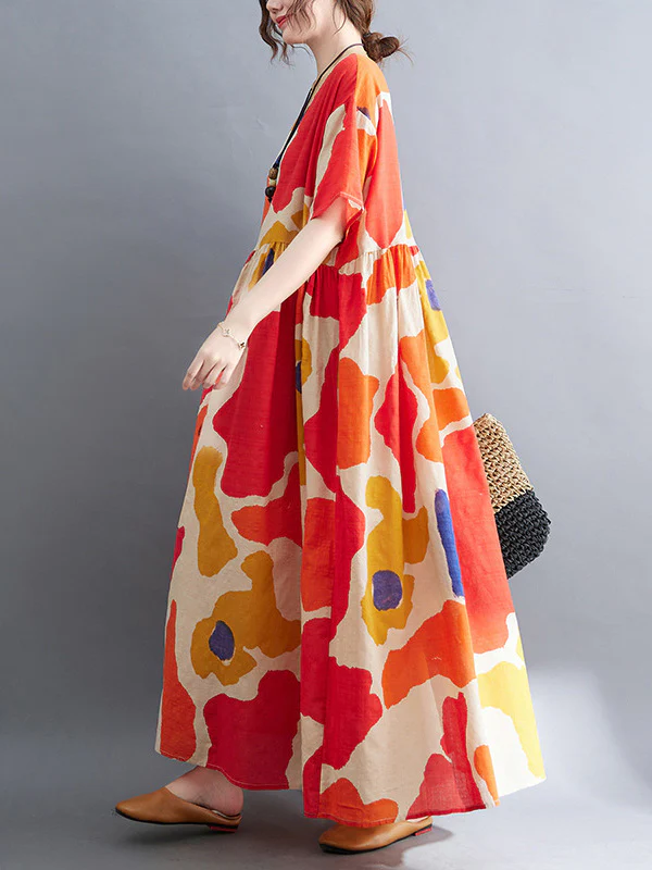 Artistic Retro Short Sleeves Loose Contrast Color Printed Round-Neck Midi Dresses - Image 8