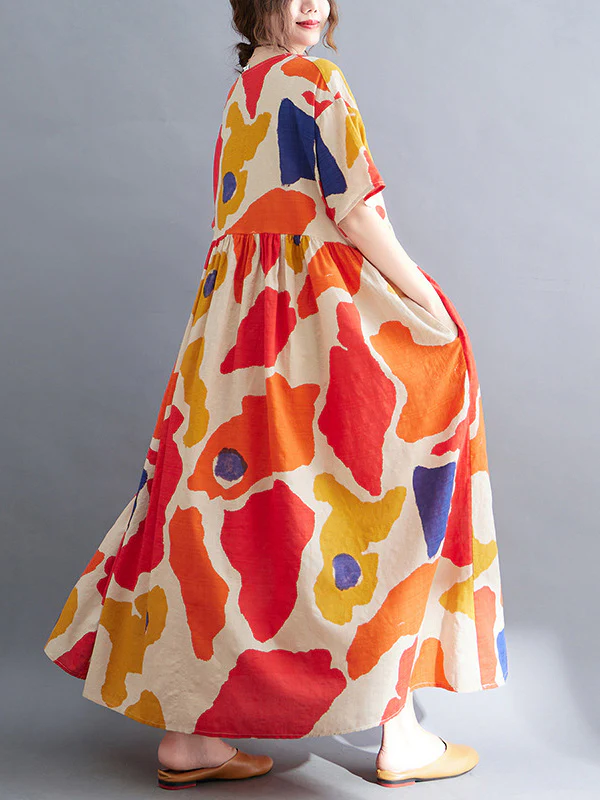 Artistic Retro Short Sleeves Loose Contrast Color Printed Round-Neck Midi Dresses - Image 9