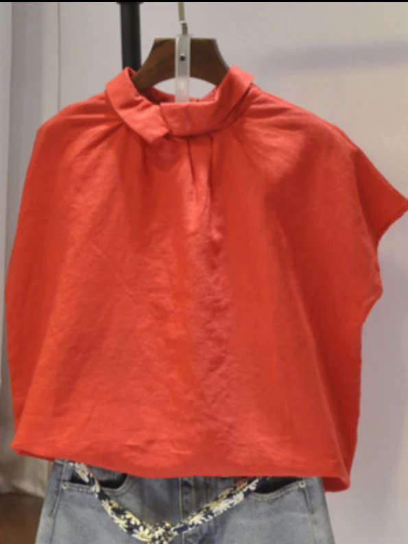 Artistic Retro Short Sleeves Loose Pleated Solid Color Blouses&Shirts Tops - Image 11