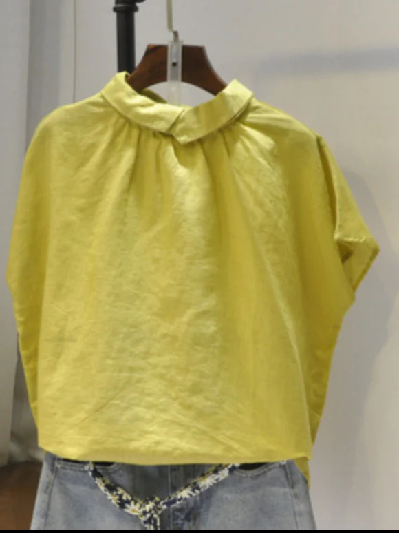 Artistic Retro Short Sleeves Loose Pleated Solid Color Blouses&Shirts Tops - Image 12