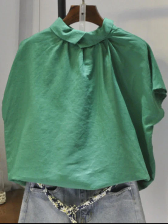 Artistic Retro Short Sleeves Loose Pleated Solid Color Blouses&Shirts Tops - Image 13