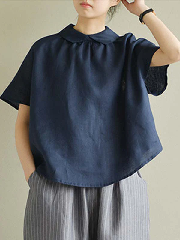 Artistic Retro Short Sleeves Loose Pleated Solid Color Blouses&Shirts Tops - Image 2