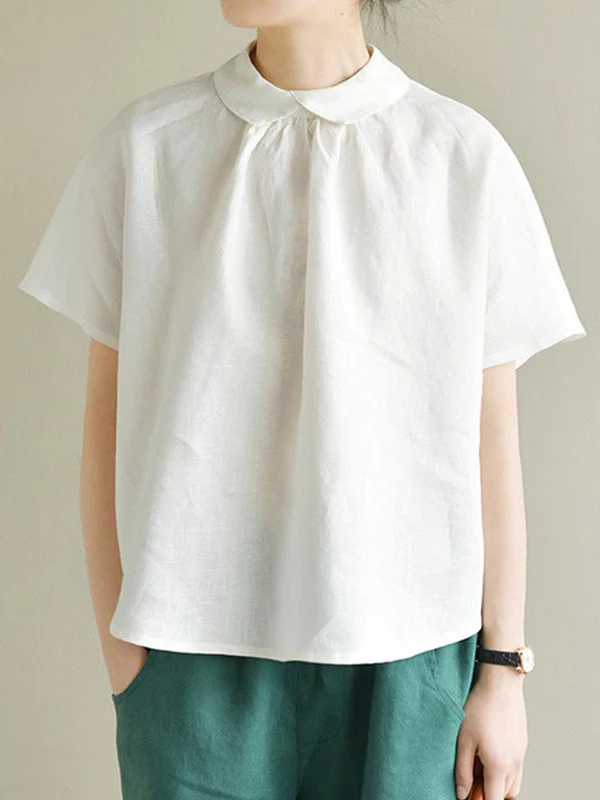 Artistic Retro Short Sleeves Loose Pleated Solid Color Blouses&Shirts Tops - Image 3