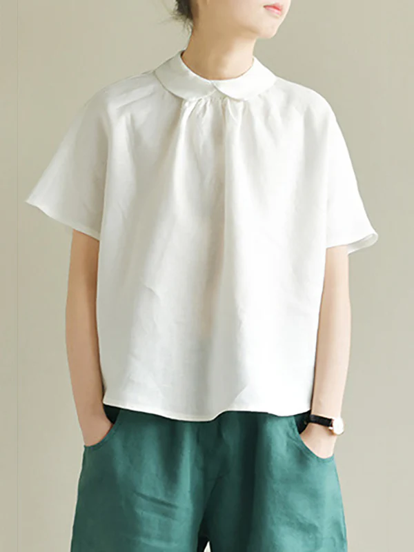 Artistic Retro Short Sleeves Loose Pleated Solid Color Blouses&Shirts Tops - Image 4