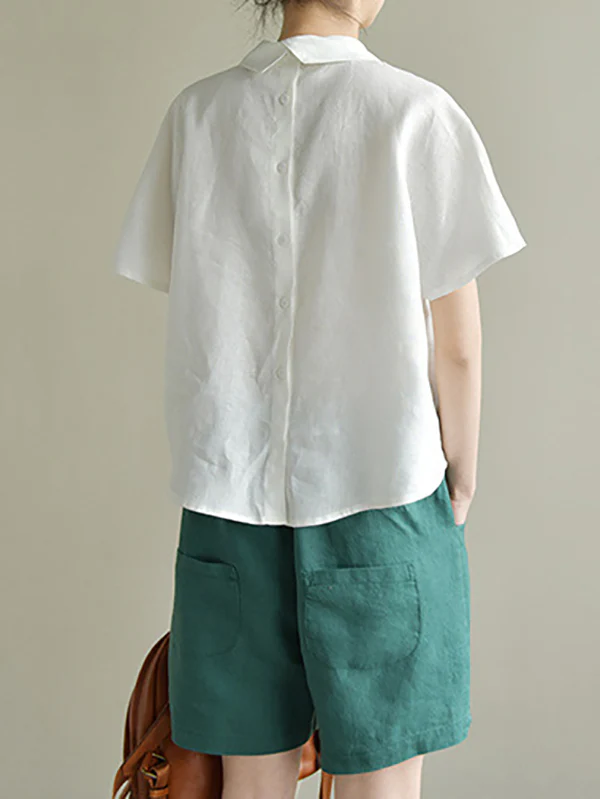 Artistic Retro Short Sleeves Loose Pleated Solid Color Blouses&Shirts Tops - Image 5