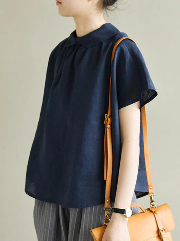Artistic Retro Short Sleeves Loose Pleated Solid Color Blouses&Shirts Tops - Image 6