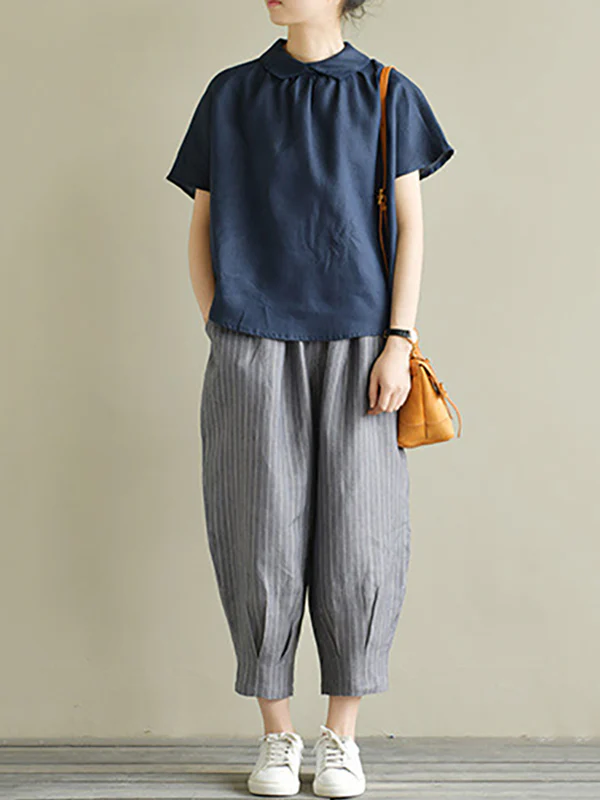 Artistic Retro Short Sleeves Loose Pleated Solid Color Blouses&Shirts Tops - Image 7