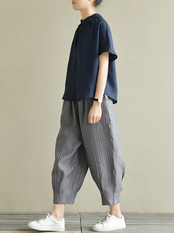 Artistic Retro Short Sleeves Loose Pleated Solid Color Blouses&Shirts Tops - Image 8