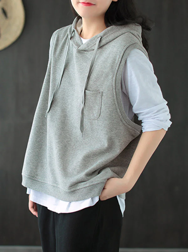 Artistic Retro Solid Hooded Vest - Image 12