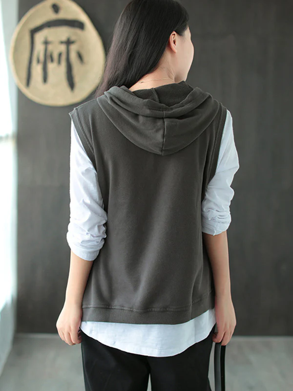 Artistic Retro Solid Hooded Vest - Image 14