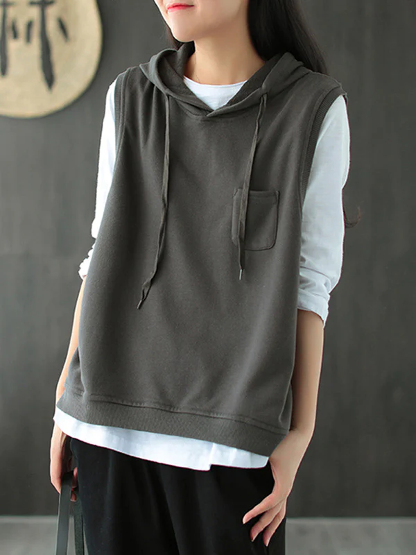 Artistic Retro Solid Hooded Vest - Image 15