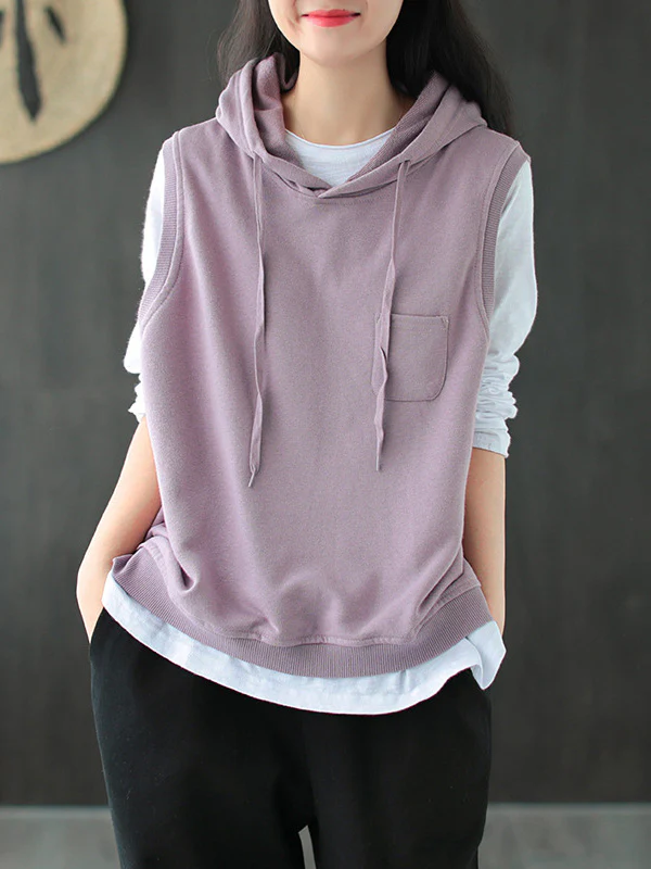 Artistic Retro Solid Hooded Vest - Image 2