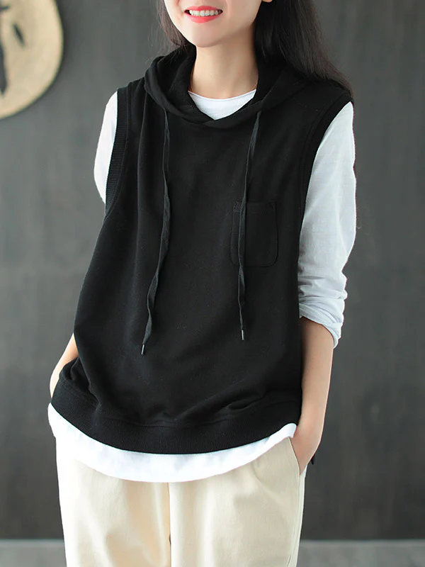 Artistic Retro Solid Hooded Vest - Image 3
