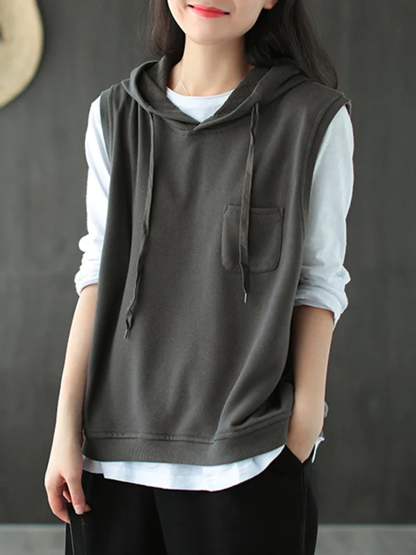 Artistic Retro Solid Hooded Vest - Image 4