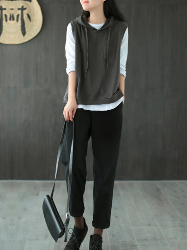 Artistic Retro Solid Hooded Vest - Image 5