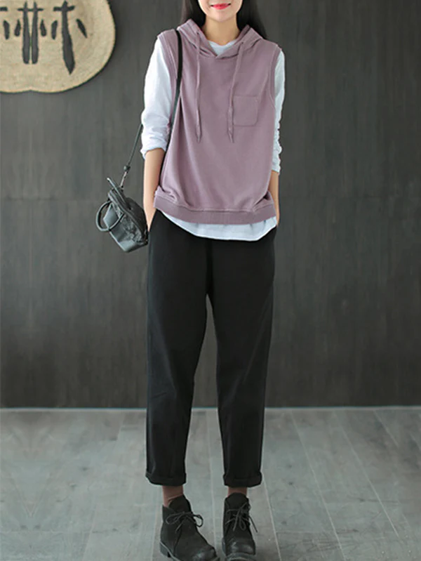Artistic Retro Solid Hooded Vest - Image 9