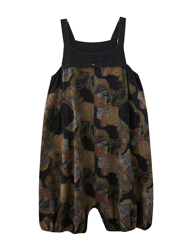 Artistic Retro Vintage Loose Floral Printed Square-Neck Sleeveless Overalls - Image 12